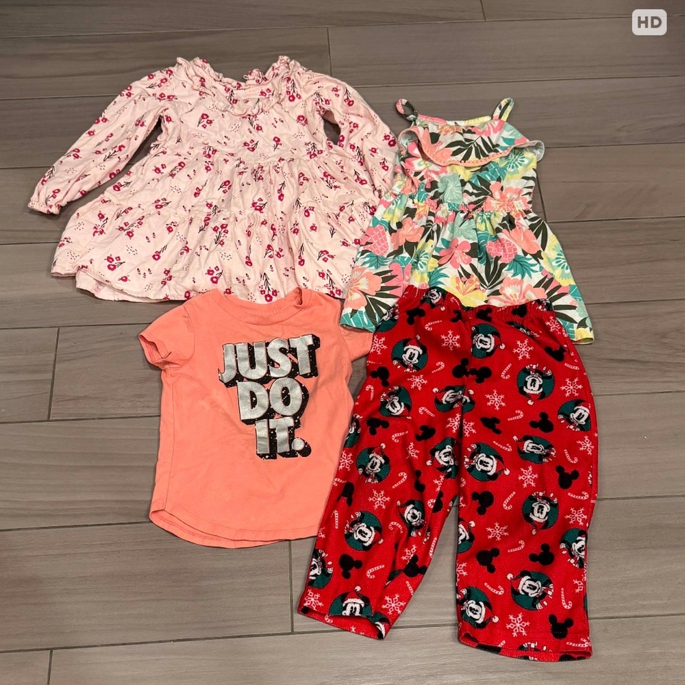 4pc bundle lot girls 3T 2 dresses 1 shirt & 1 pj bottoms no stains or wear